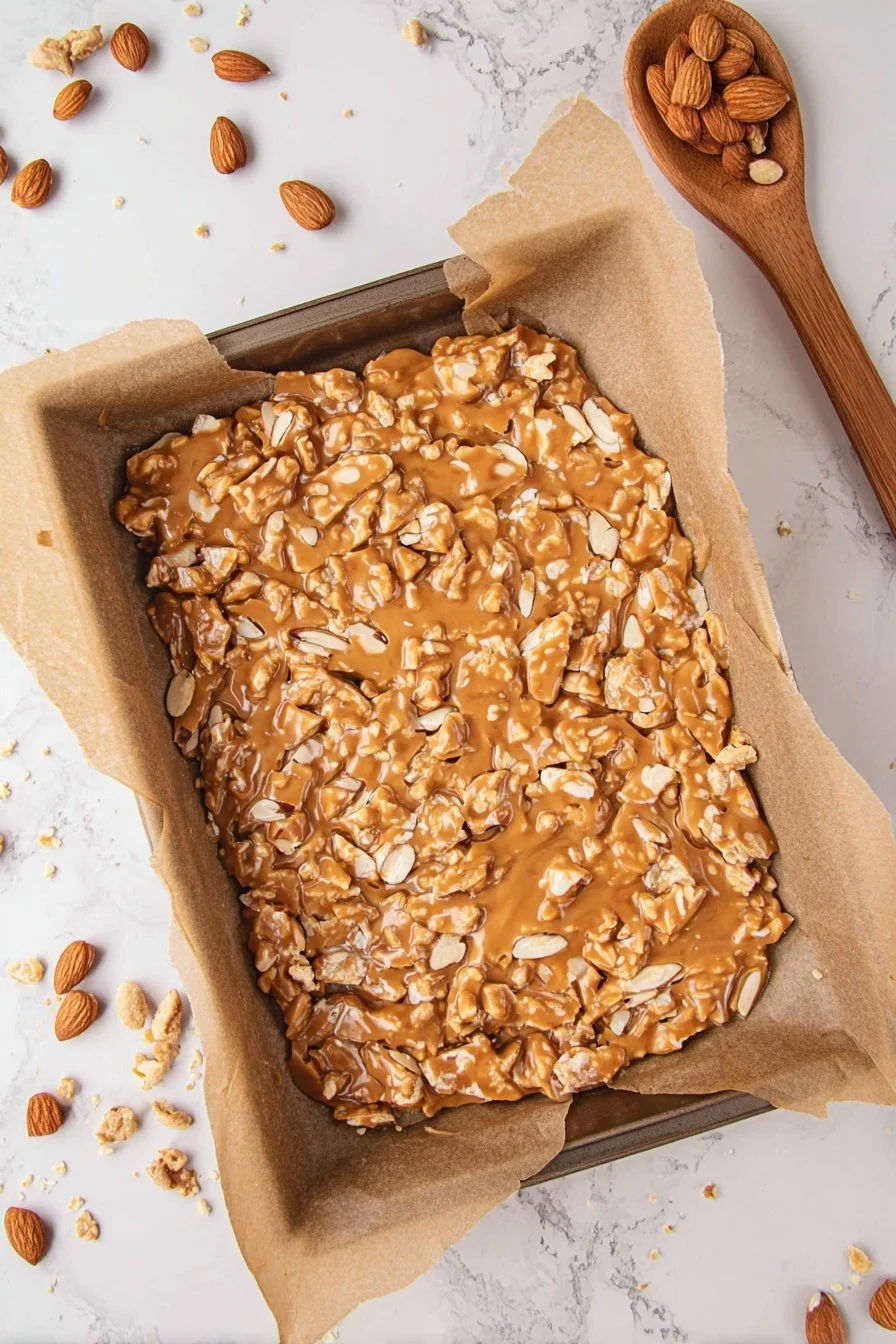 Homemade nut brittle with mixed nuts on a wooden surface