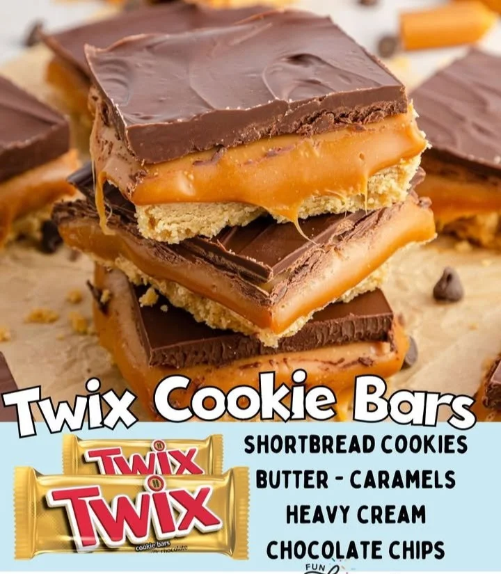 Delicious homemade Twix cookie bars with caramel and chocolate layers.