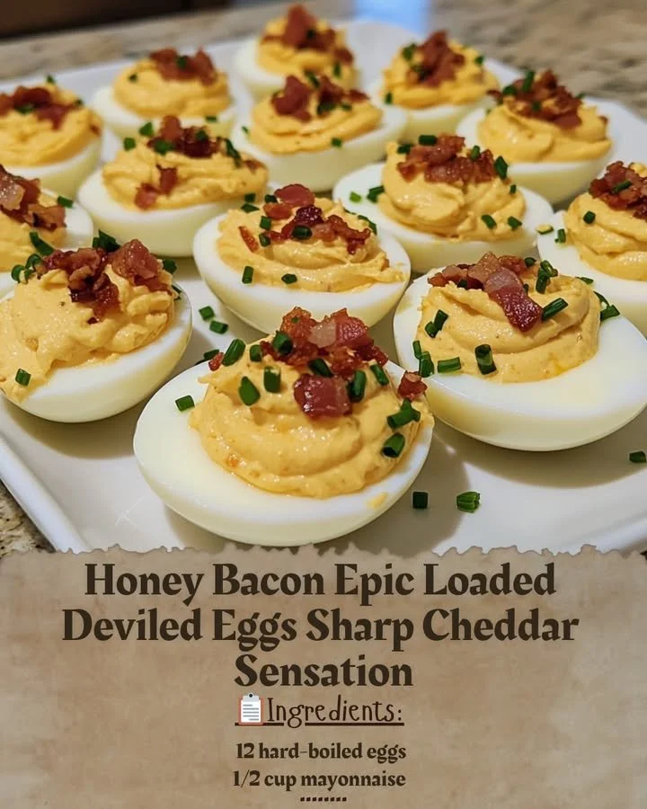 Honey Bacon Loaded Deviled Eggs topped with sharp cheddar cheese