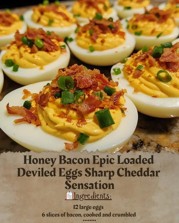 Loaded deviled eggs with honey bacon and sharp cheddar topping