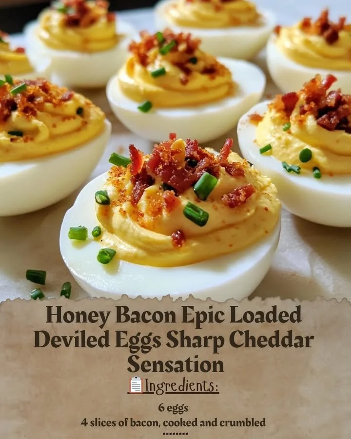 Honey bacon loaded deviled eggs with sharp cheddar and toppings