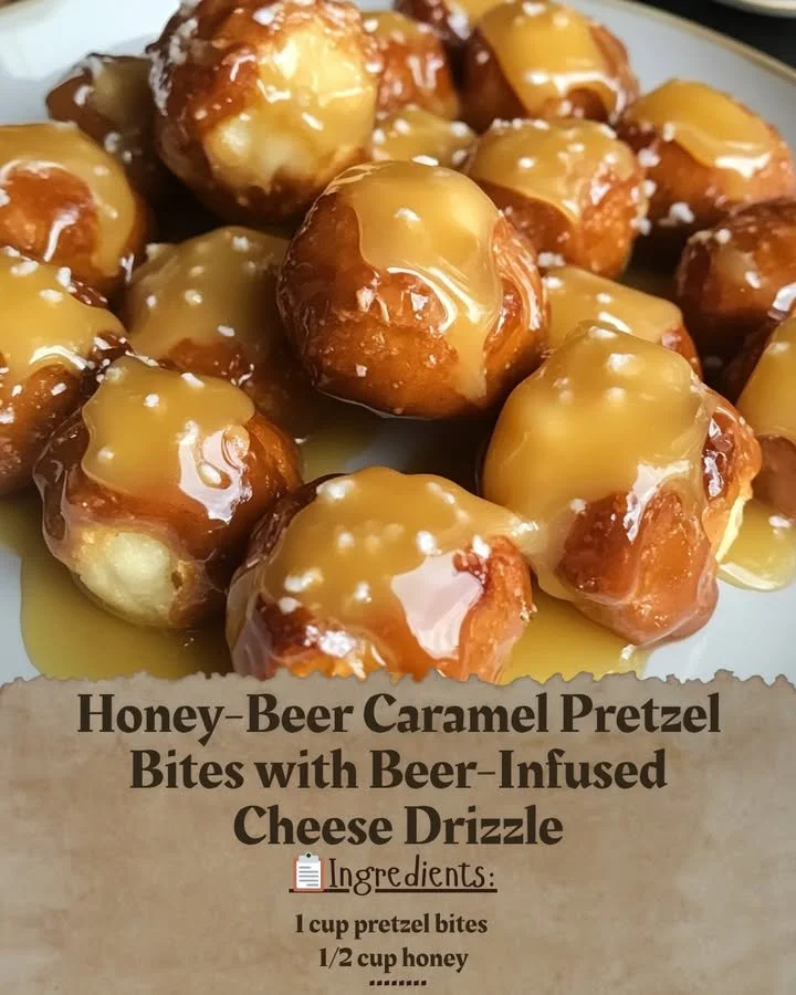 Delicious honey-beer pretzel bites drizzled with beer-infused cheese sauce.