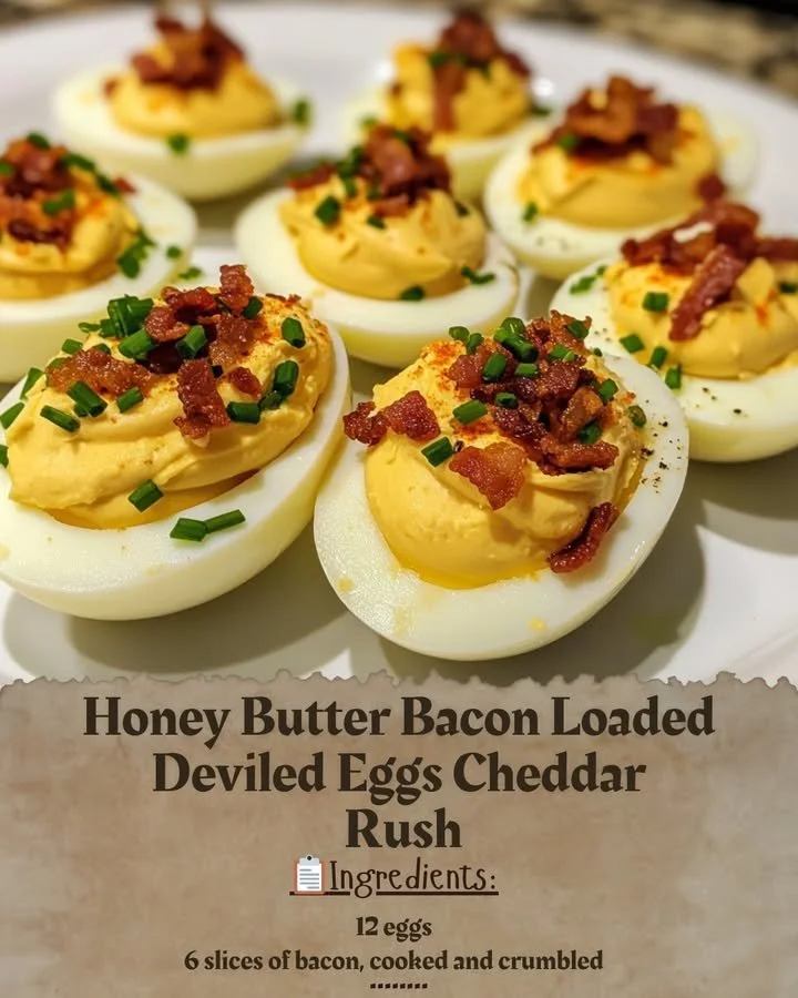 Honey Butter Bacon Loaded Deviled Eggs with Cheddar Rush