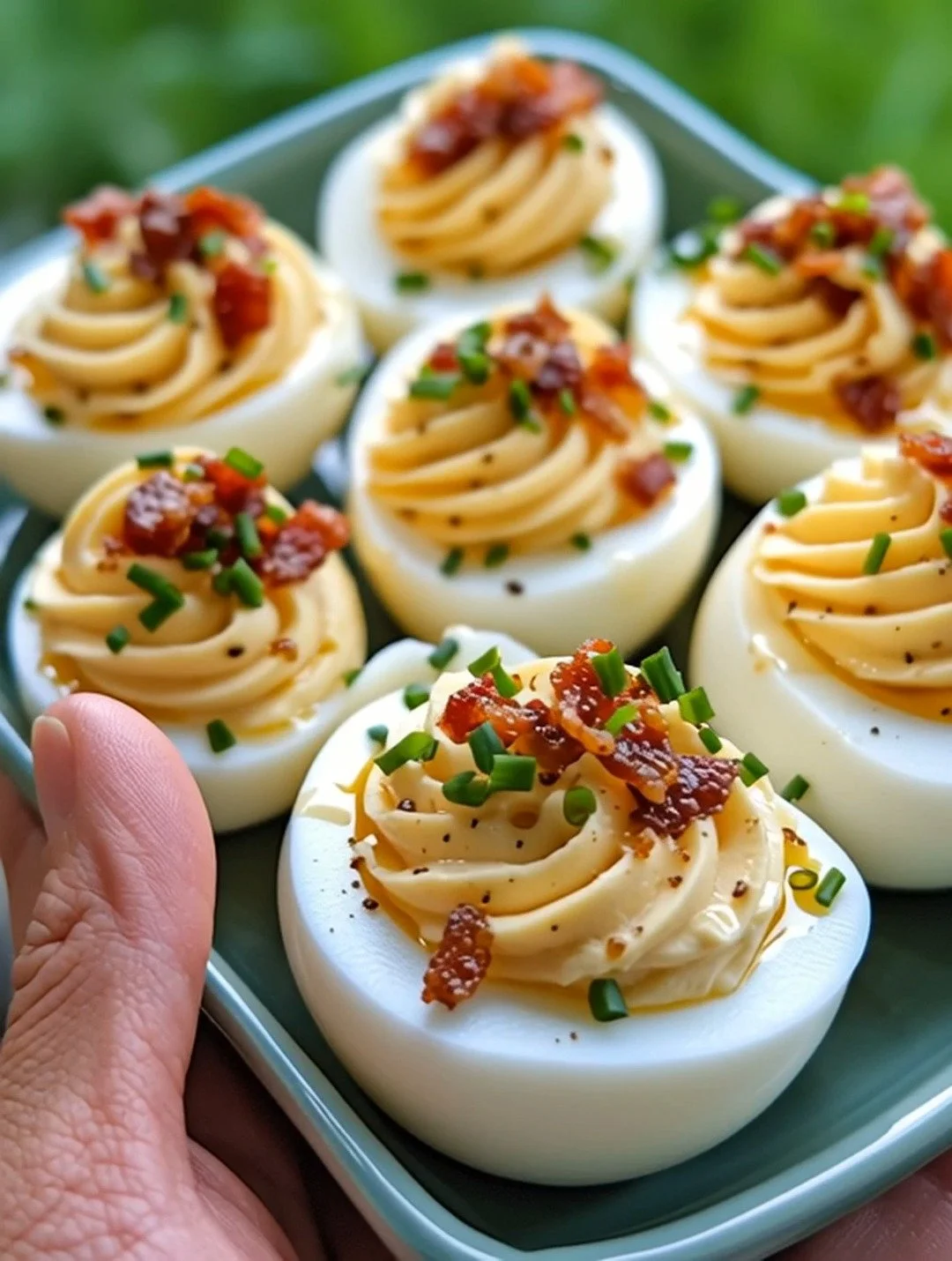 Honey Maple Bacon Crunch Deviled Eggs topped with crispy bacon and maple syrup