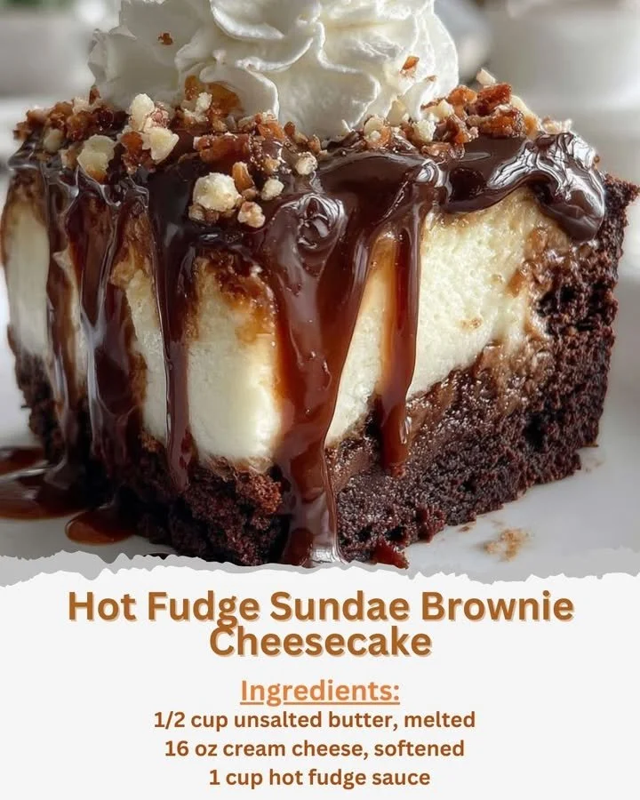 Delicious Hot Fudge Sundae Brownie Cheesecake with chocolate drizzle
