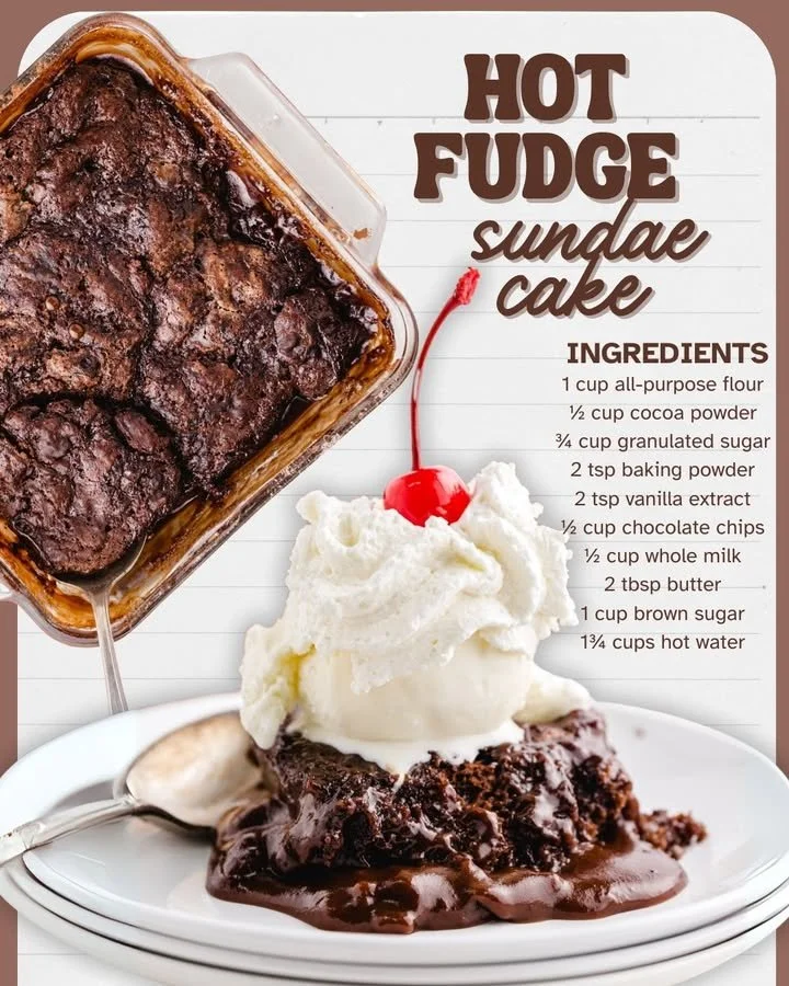 Slice of hot fudge sundae cake topped with whipped cream and chocolate sauce.