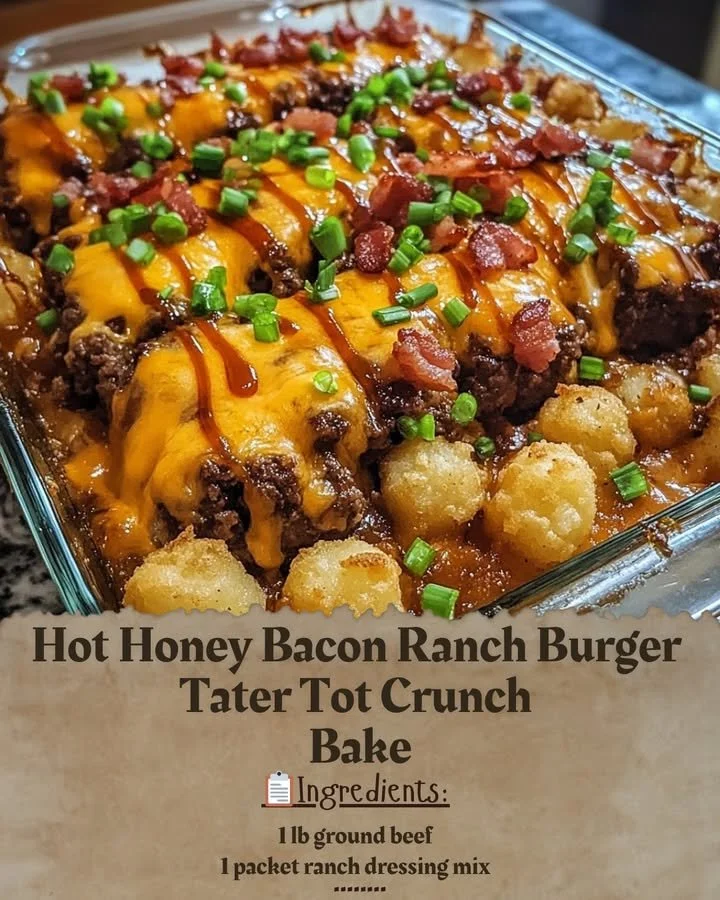 Hot Honey Bacon Ranch Burger Tater Tot Crunch Bake topped with crispy bacon and ranch dressing