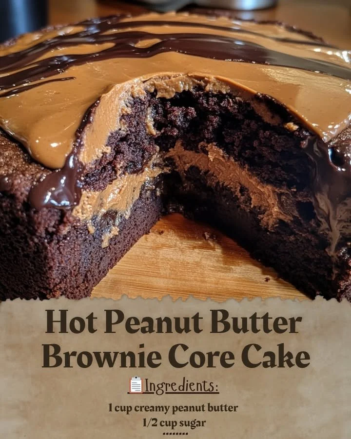 Delicious Hot Peanut Butter Brownie Core Cake with rich chocolate and peanut butter swirls