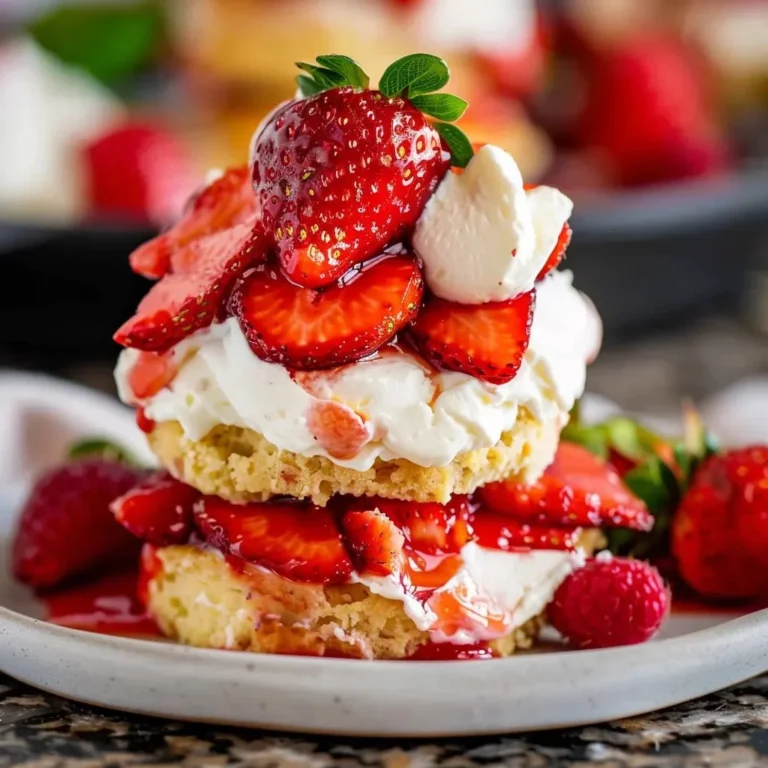 Delicious homemade strawberry shortcake topped with fresh whipped cream and strawberries