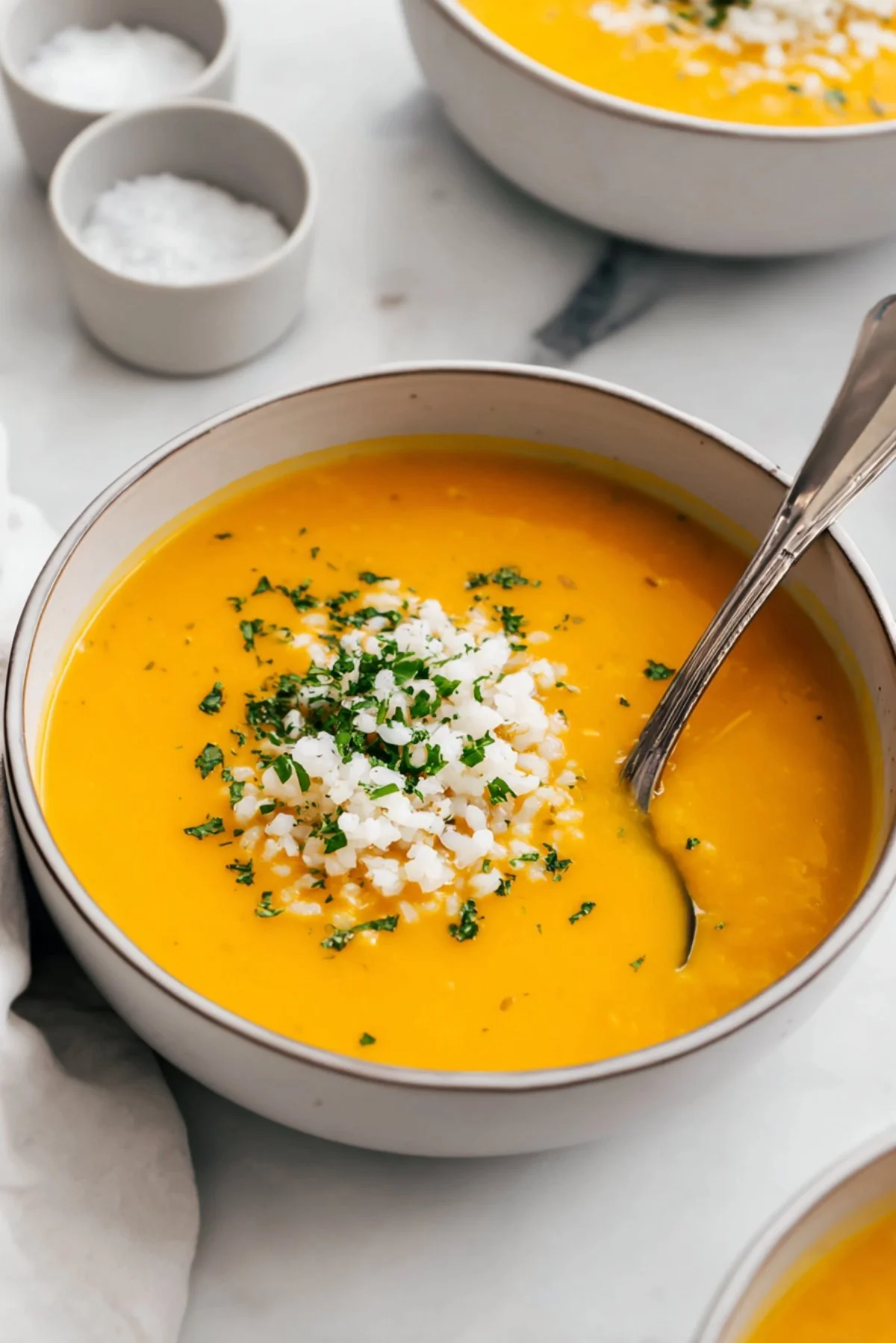 A warm bowl of Italian Penicillin Soup garnished with fresh herbs and spices.