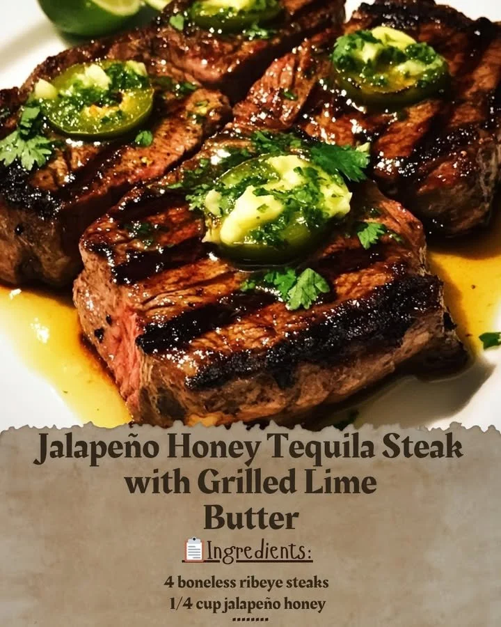 Jalapeño Honey Tequila Steak with Grilled Lime Butter on a plate