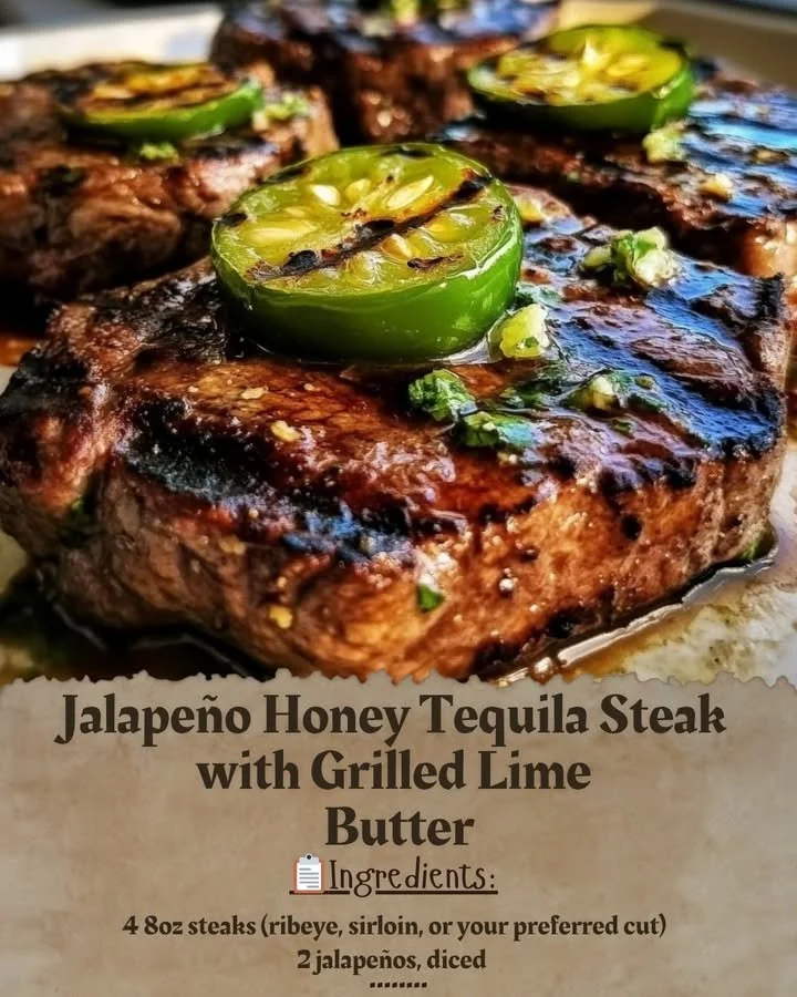 Grilled Jalapeño Honey Tequila Steak topped with Lime Butter.