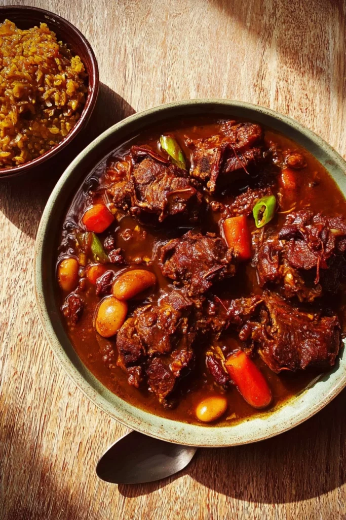 Delicious Jamaican Oxtail served with rice and peas, showcasing rich flavors.