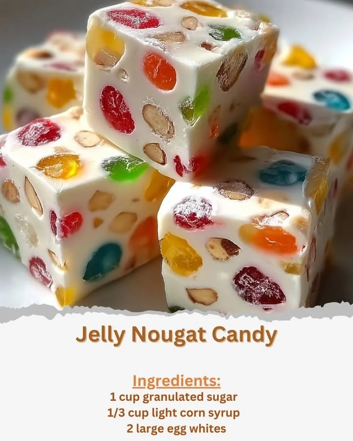 Assortment of colorful Jelly Nougat Candy pieces on a white background