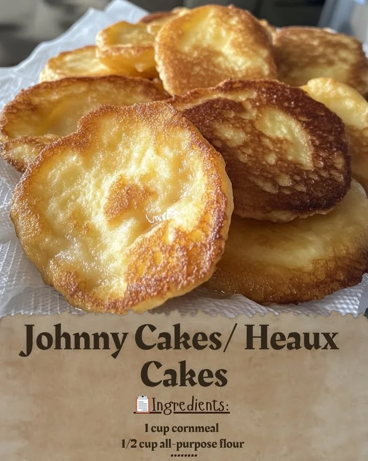 Plate of golden-brown Johnny Cakes served with syrup and butter