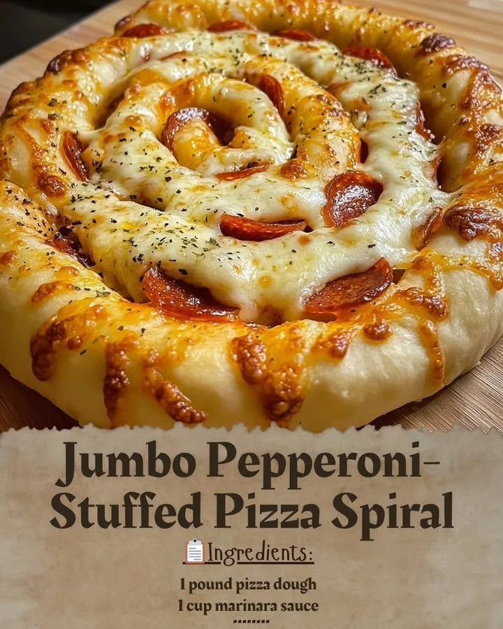 Jumbo Pepperoni-Stuffed Pizza Spiral with melted cheese and pepperoni