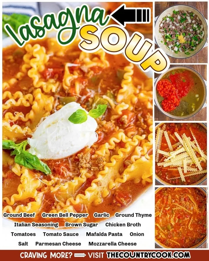 Bowls of hearty lasagna soup garnished with cheese and herbs