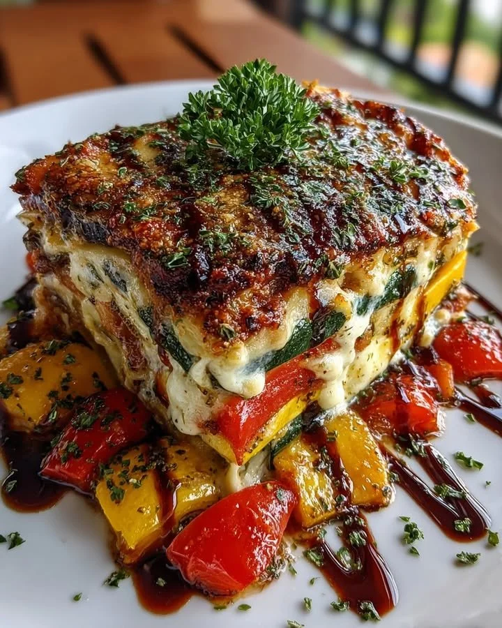 Layered Mediterranean Vegetable Lasagna with creamy garlic herb three-cheese drizzle