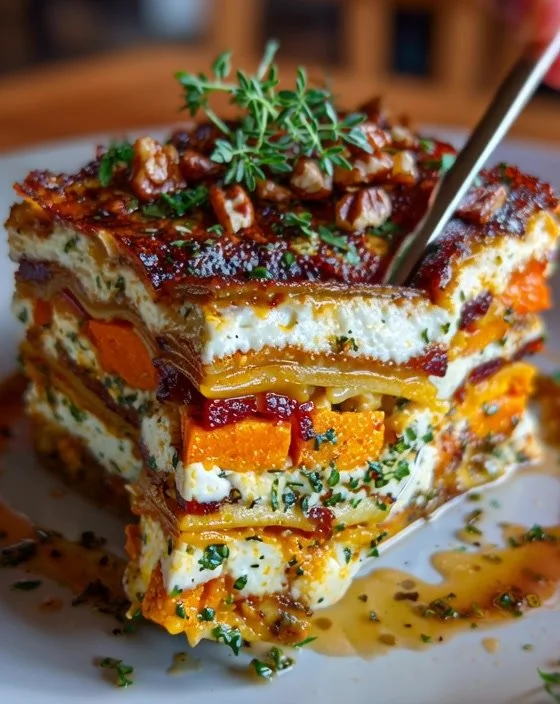 Layered sweet potato lasagna with pumpkin, carrot, feta, and maple-honey glaze