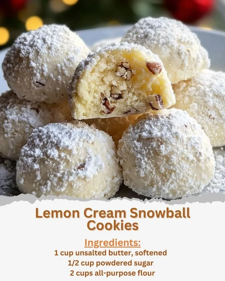 Lemon Cream Snowball Cookies dusted with powdered sugar on a plate