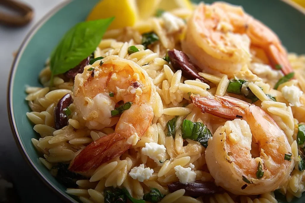 Plate of Lemon Shrimp Orzo with fresh herbs and lemon slices