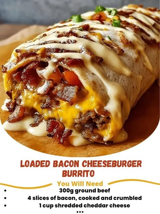 Loaded bacon cheeseburger burrito filled with beef, bacon, and cheese.