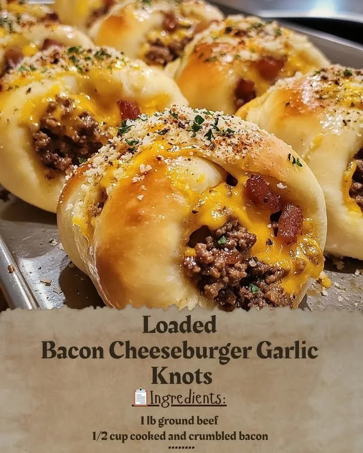 Loaded Bacon Cheeseburger Garlic Knots garnished with cheese and bacon