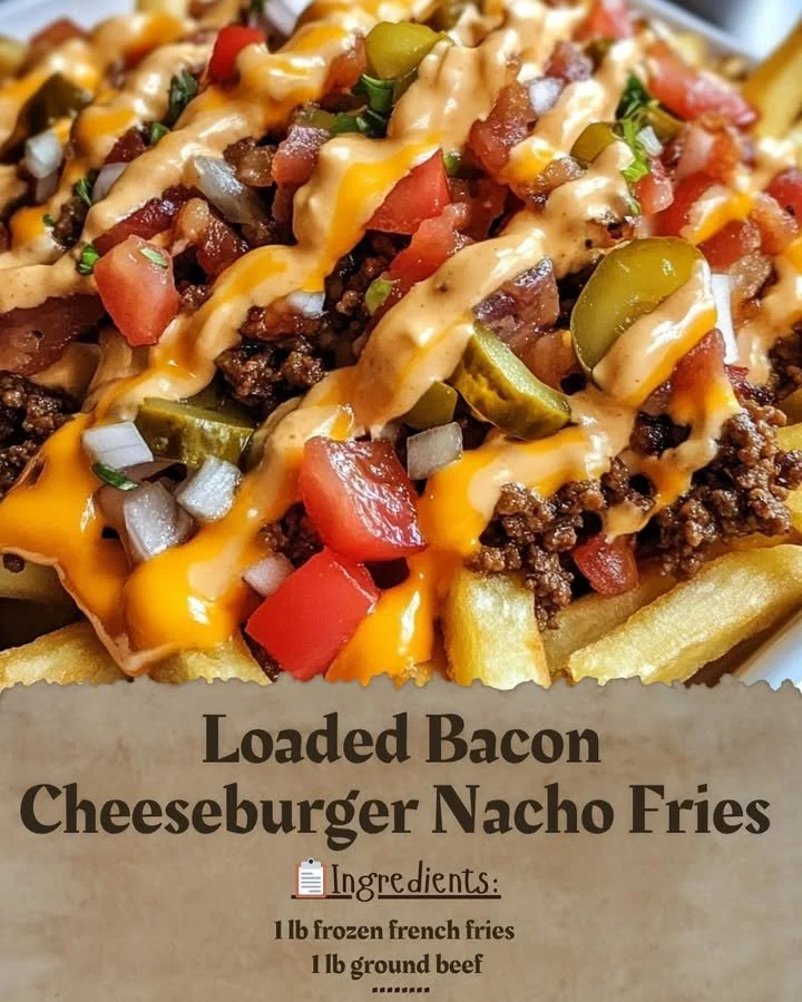Loaded Bacon Cheeseburger Nacho Fries topped with juicy bacon and cheese