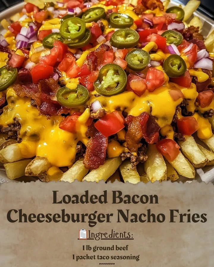 Delicious loaded bacon cheeseburger nacho fries topped with cheese and toppings