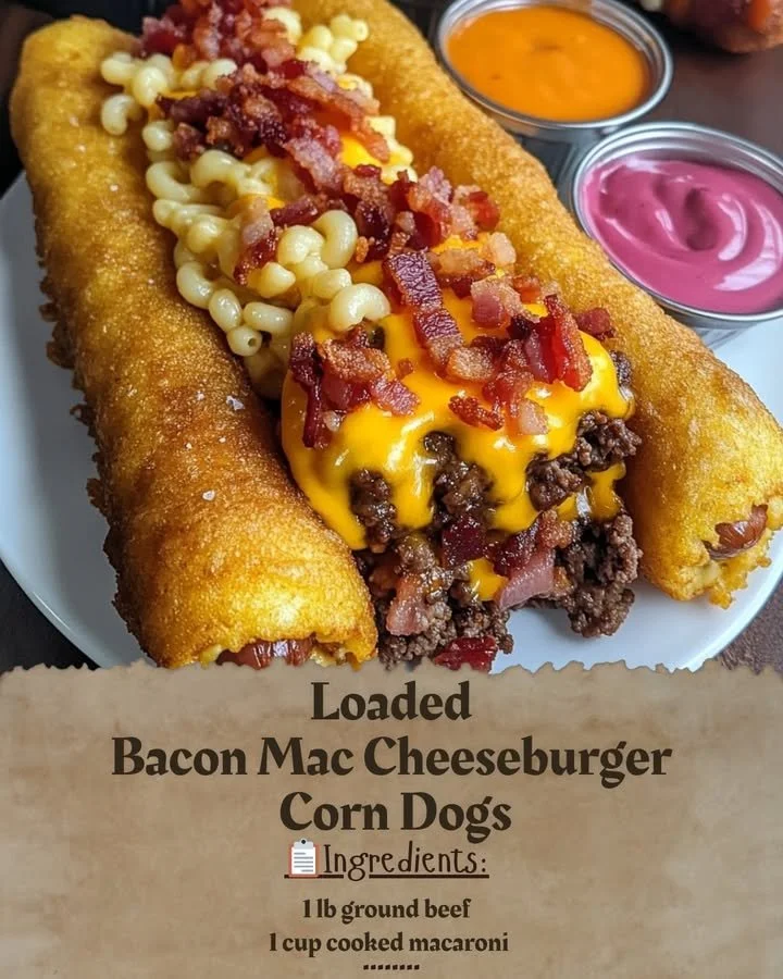 Loaded Bacon Mac Cheeseburger Corn Dog with cheese and crispy bacon