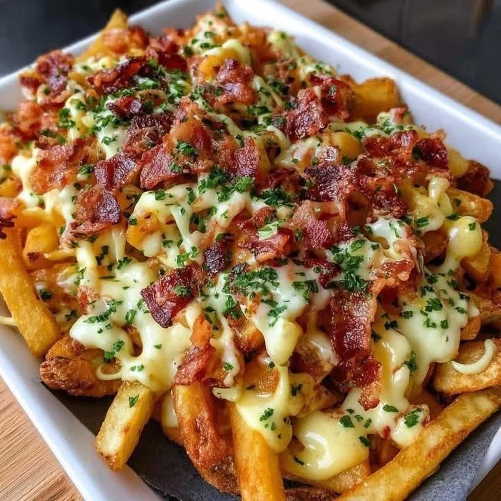 Loaded cheese fries topped with crispy bacon, drizzled with sauce.