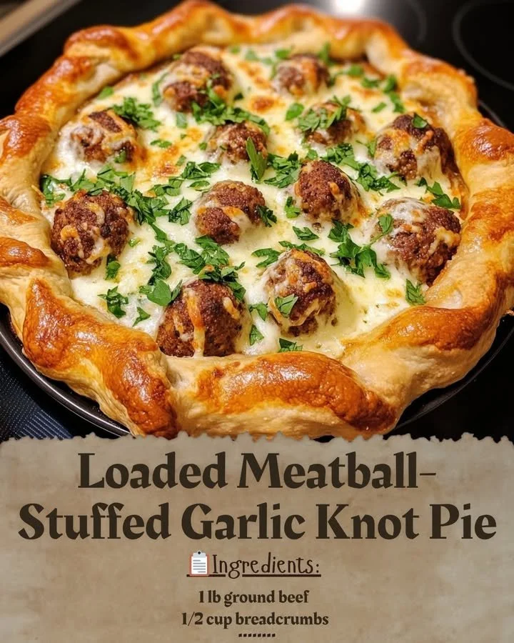 Delicious loaded meatball-stuffed garlic knot pie with a golden crust