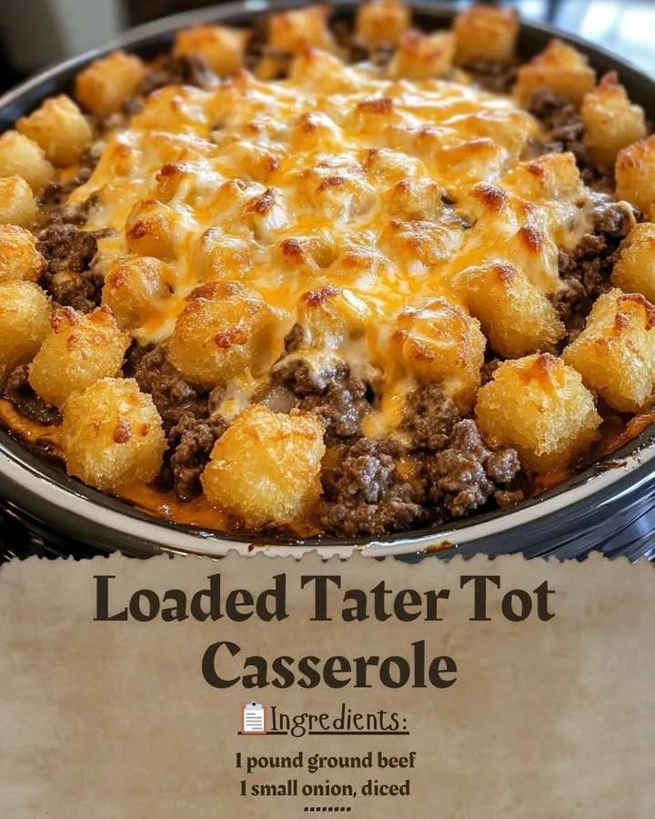 Loaded Tater Tot Casserole with melted cheese and toppings