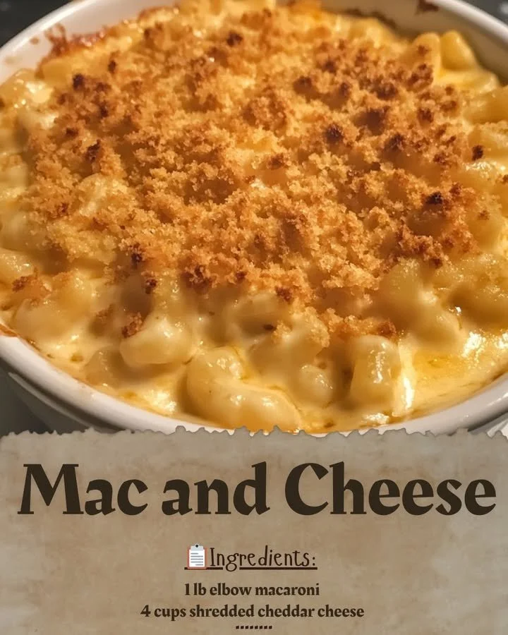 Delicious homemade Mac and Cheese served in a bowl with a cheesy topping