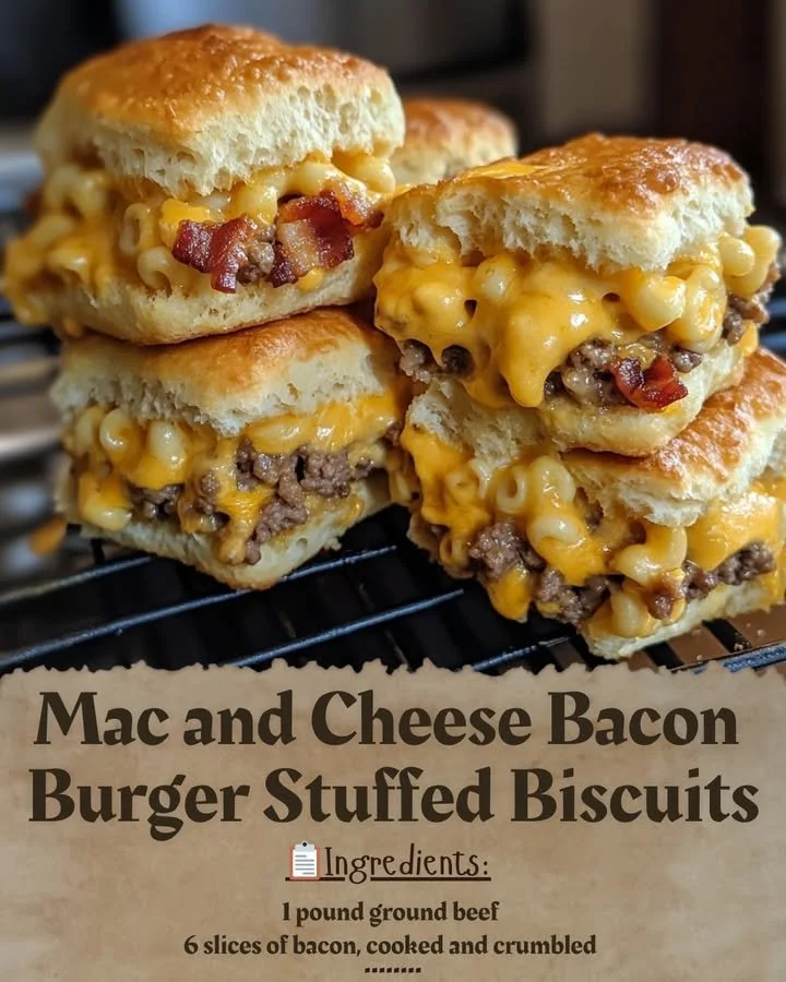 Mac and Cheese Bacon Burger Stuffed Biscuits served on a plate