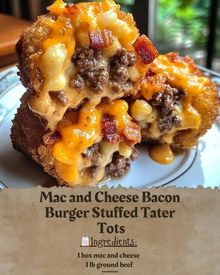 Mac and Cheese Bacon Burger Stuffed Tater Tots ready to serve for a tasty treat