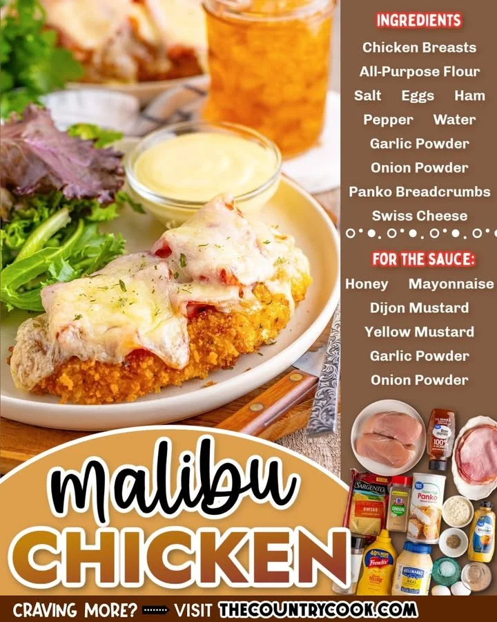 Plate of Malibu Chicken with ham and cheese, garnished with herbs