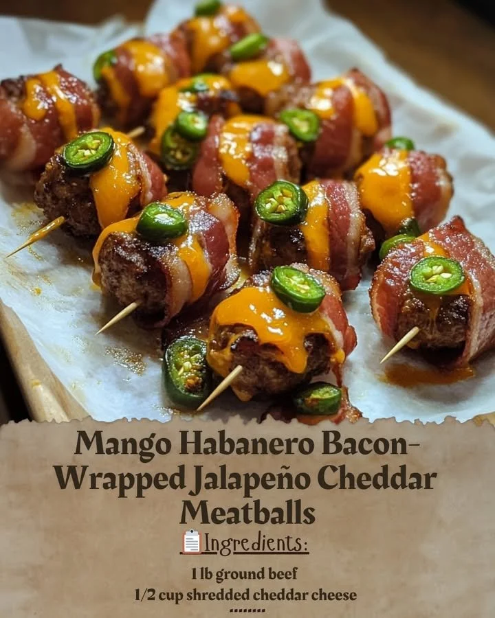 Mango Habanero Meatballs wrapped in bacon with jalapeño cheddar filling