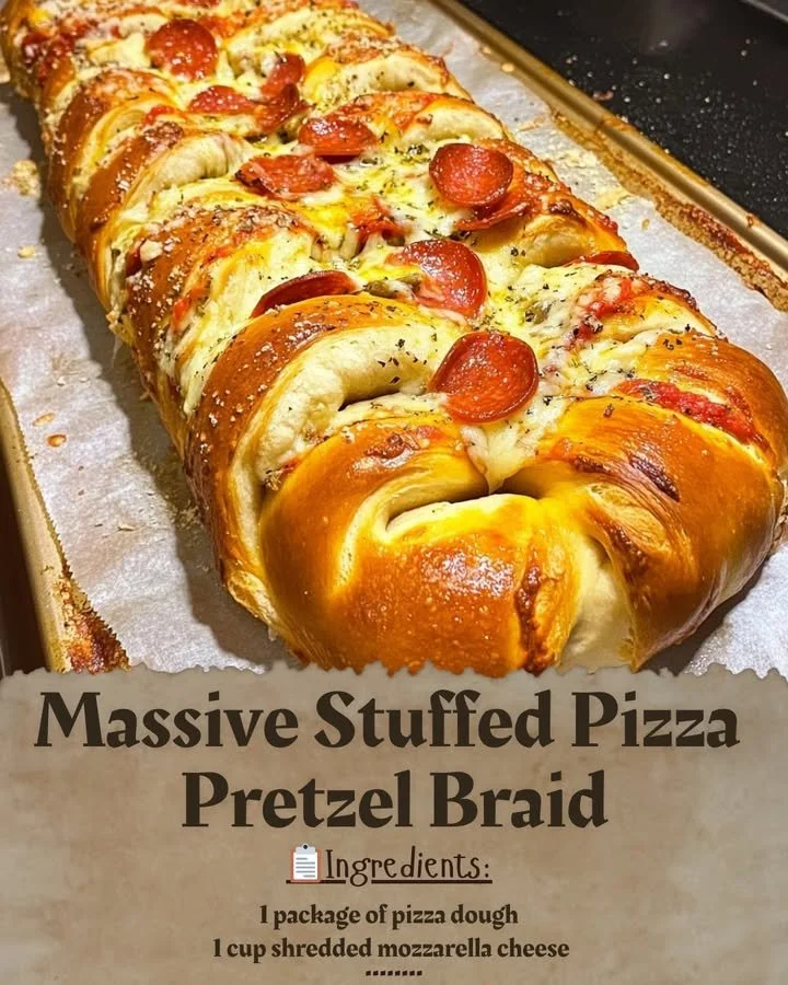Massive stuffed pizza pretzel braid filled with cheese and toppings