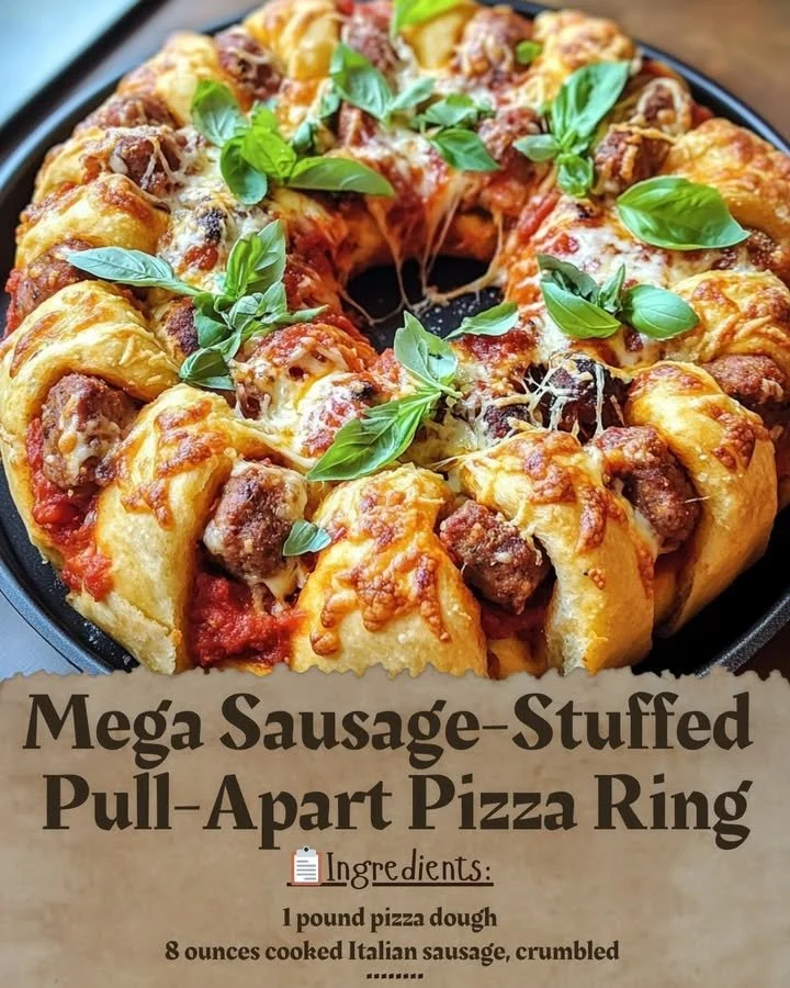 Mega sausage-stuffed pull-apart pizza ring with melted cheese and herbs