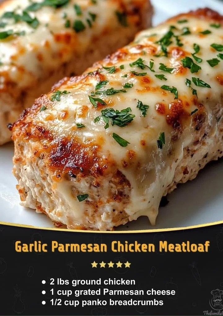 Melt-in-your-mouth garlic parmesan chicken meatloaf served with herbs.