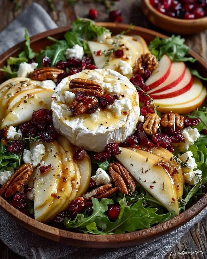 Melted brie and cranberry Christmas salad with juicy pears and apples