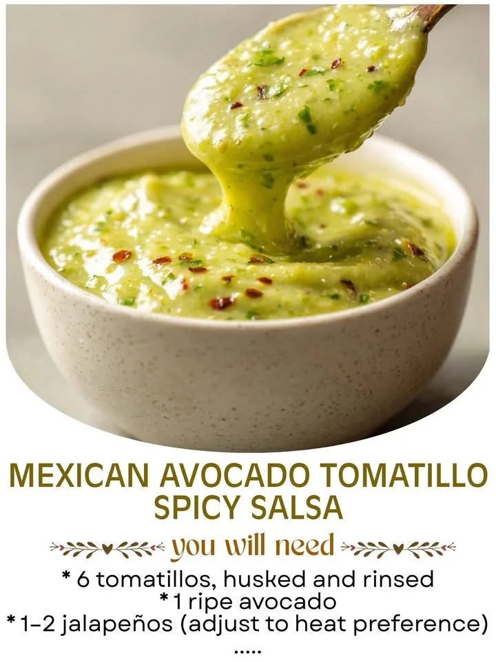 Bowl of Mexican Avocado Tomatillo Spicy Salsa with fresh ingredients
