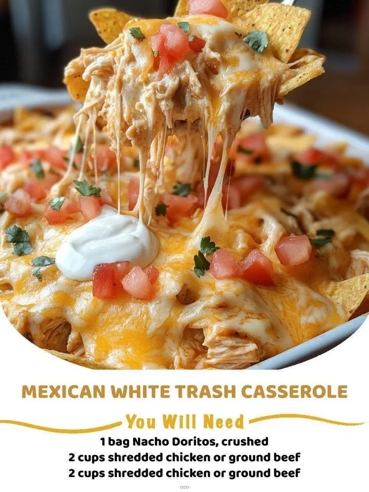 Delicious Mexican White Trash Casserole served in a baking dish