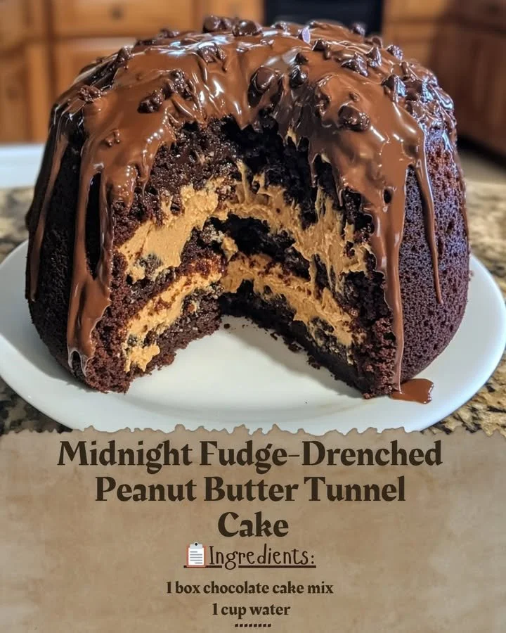 Midnight Fudge-Drenched Peanut Butter Tunnel Cake with rich chocolate topping