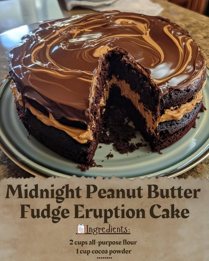 Midnight Peanut Butter Fudge Eruption Cake with creamy peanut butter and fudge layers.