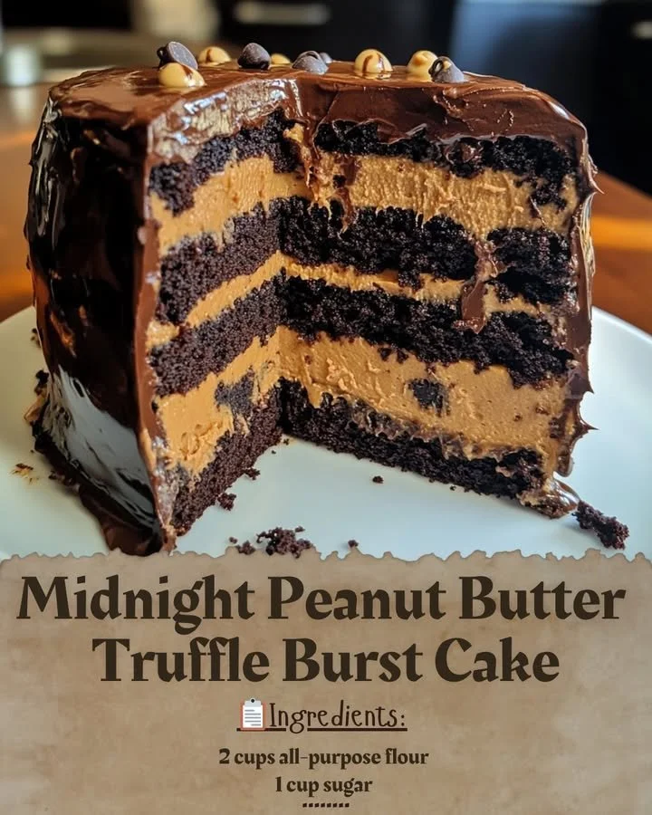 Midnight Peanut Butter Truffle Burst Cake with creamy peanut butter and rich chocolate