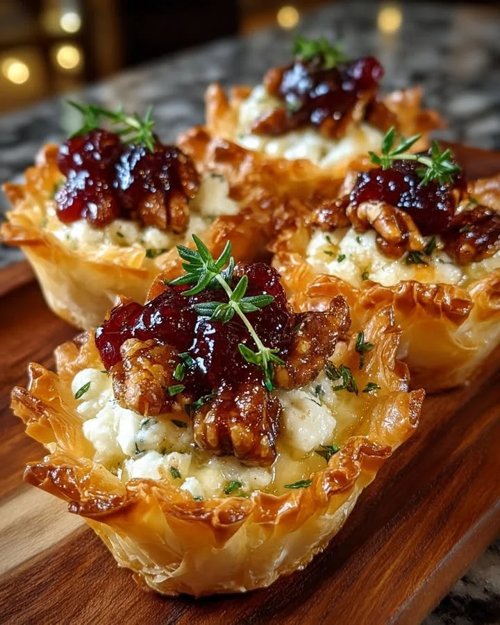 Mini Phyllo Cups with Brie, Pecans, and Cranberry Drizzle ready to serve.