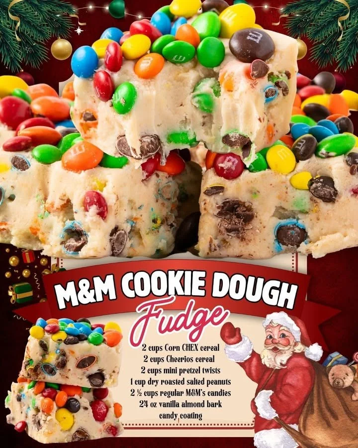 M&M Cookie Dough Fudge dessert with colorful M&Ms and chocolate drizzle