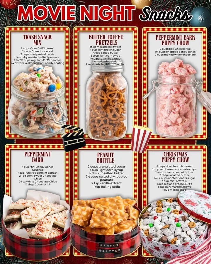 A variety of tasty movie snacks including popcorn, candy, and nachos for movie night.